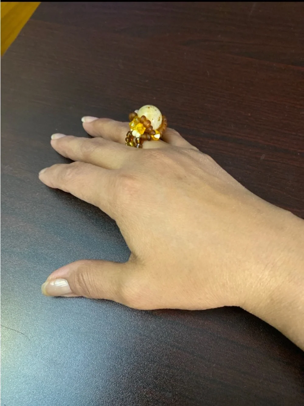 Amber and Cream Beaded Statement Ring for Women